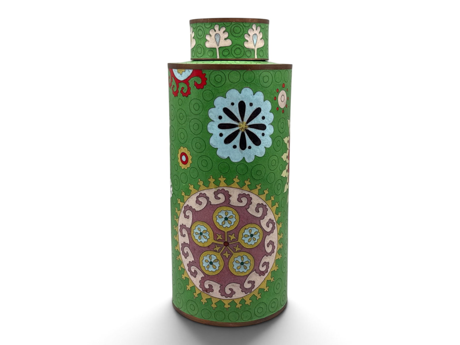 Fabienne Jouvin Cloisonne Lidded Jar: A Fabienne Jouvin French cloisonne enamel over copper lidded jar with vibrant geometric design. 14in tall x 5-1/2in wide. | You have additional shipping options, and are not required to use Live