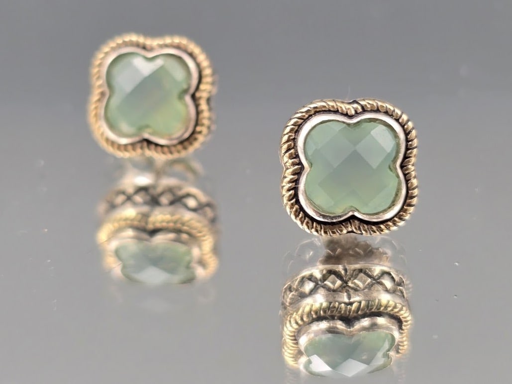 14K Clover Form Prasiolite Earrings: A pair of 14K white gold clover form prasiolite earrings. Marked 14K. 3/8in tall x 3/8in wide. 2.12 dwt. | You have additional shipping options, and are not required to use Live Shipping. Additional