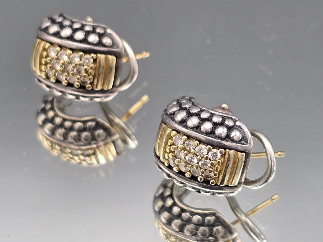 Lagos Caviar 18K and Sterling Huggie Earrings: A pair of Lagos Caviar 18K yellow gold and sterling huggie hoops with pave diamonds. Marked Lagos Caviar, 18K, and 925. 1/2in tall x 3/8in wide. 5.46 dwt. | You have additional shipping options, and