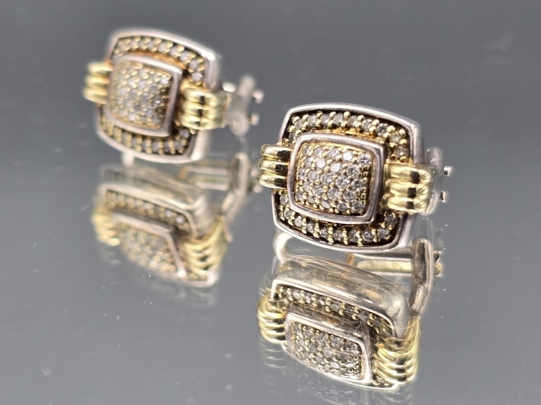 Lagos Caviar 18K and Sterling Pave Diamond Earrings: A pair of Lagos Caviar 18K yellow gold and sterling silver earrings with pave diamond decoration. Marked Lagos Caviar, 18K, and 925. 1/2in tall x 3/8in wide. 6.68 dwt. | You have additional shipping