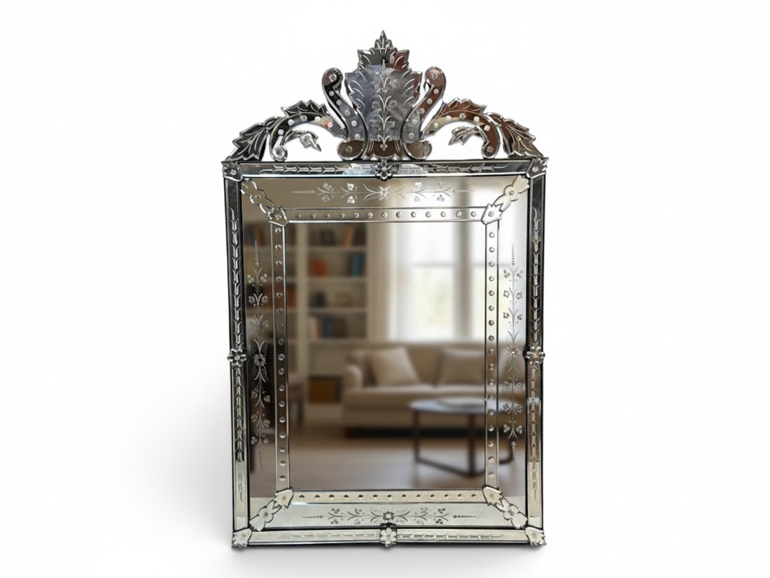 Venetian-style Etched Wall Mirror: A Venetian-style foliate etched wall mirror with raised panels. 51in tall x 31-1/2in wide. | You have additional shipping options, and are not required to use Live Shipping. Additional shipping and
