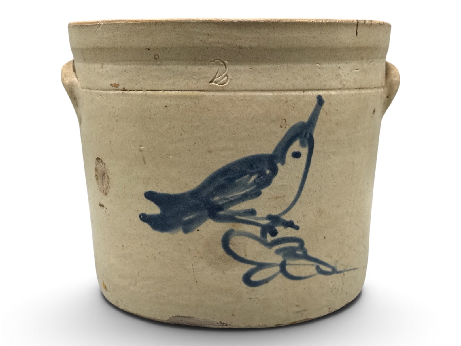 19th C. Blue Touch Stoneware Crock: A 19th C. salt glazed stoneware crock with cobalt blue bird decoration. 9in tall x 11in wide. | You have additional shipping options, and are not required to use Live Shipping. Additional shipping and