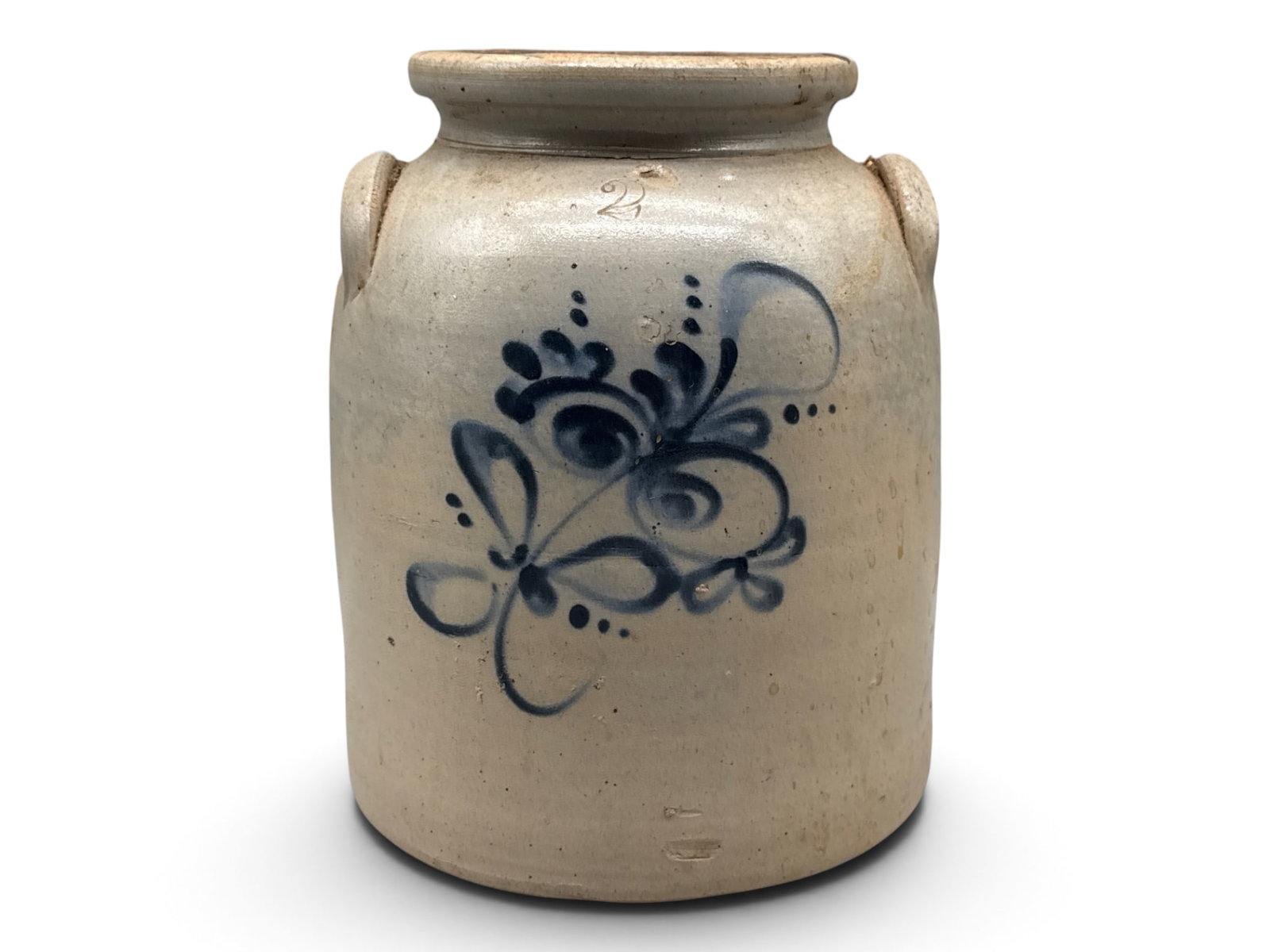 19th C. Two-Gallon Blue Touch Stoneware Crock: A 19th C. salt-glazed stoneware two-gallon crock with blue touch floral decoration. 11in tall x 8in wide. | You have additional shipping options, and are not required to use Live Shipping. Additional 