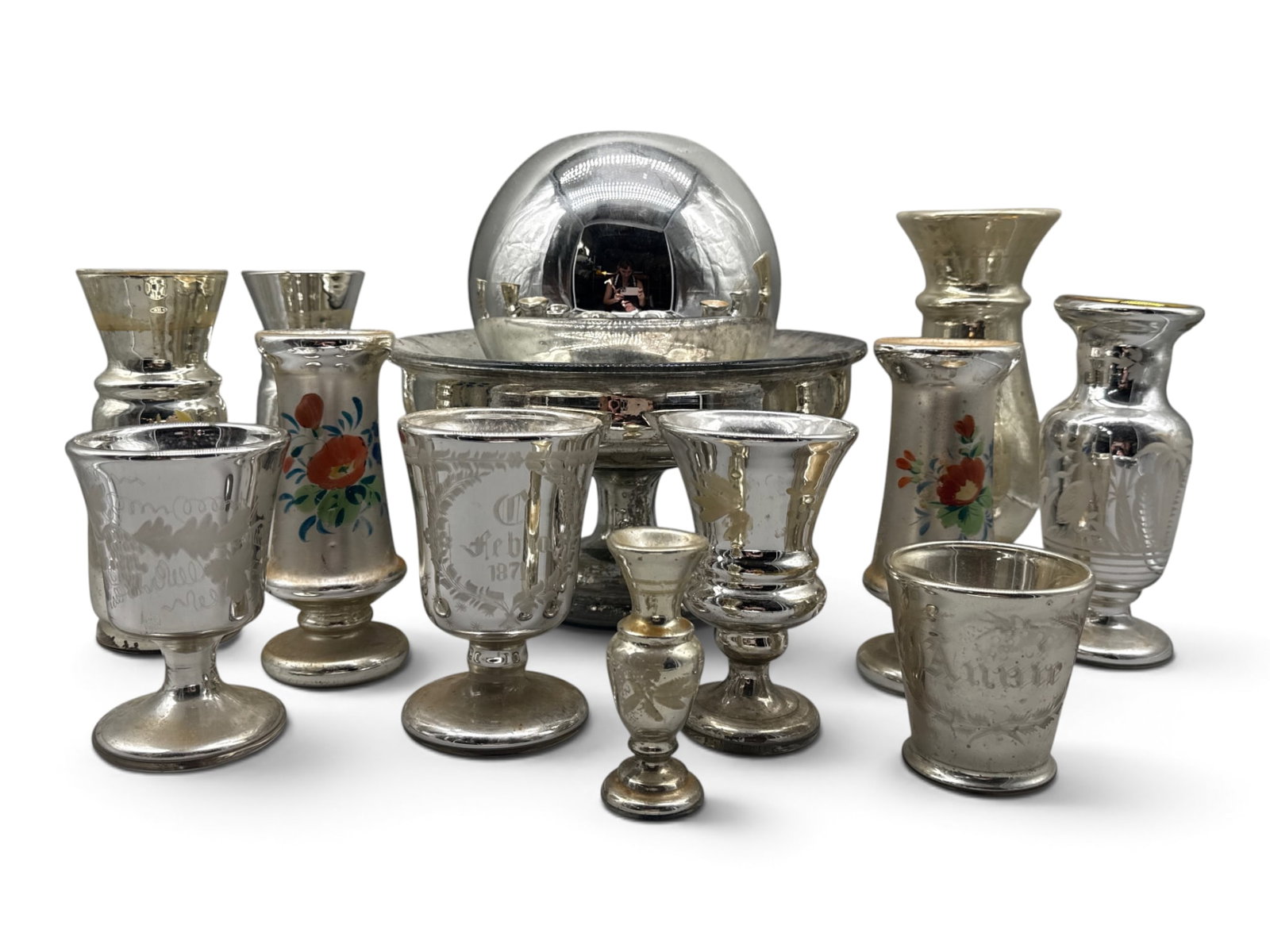19th C. Mercury Glass Vases, Goblets, and Plateau (1 of 7)