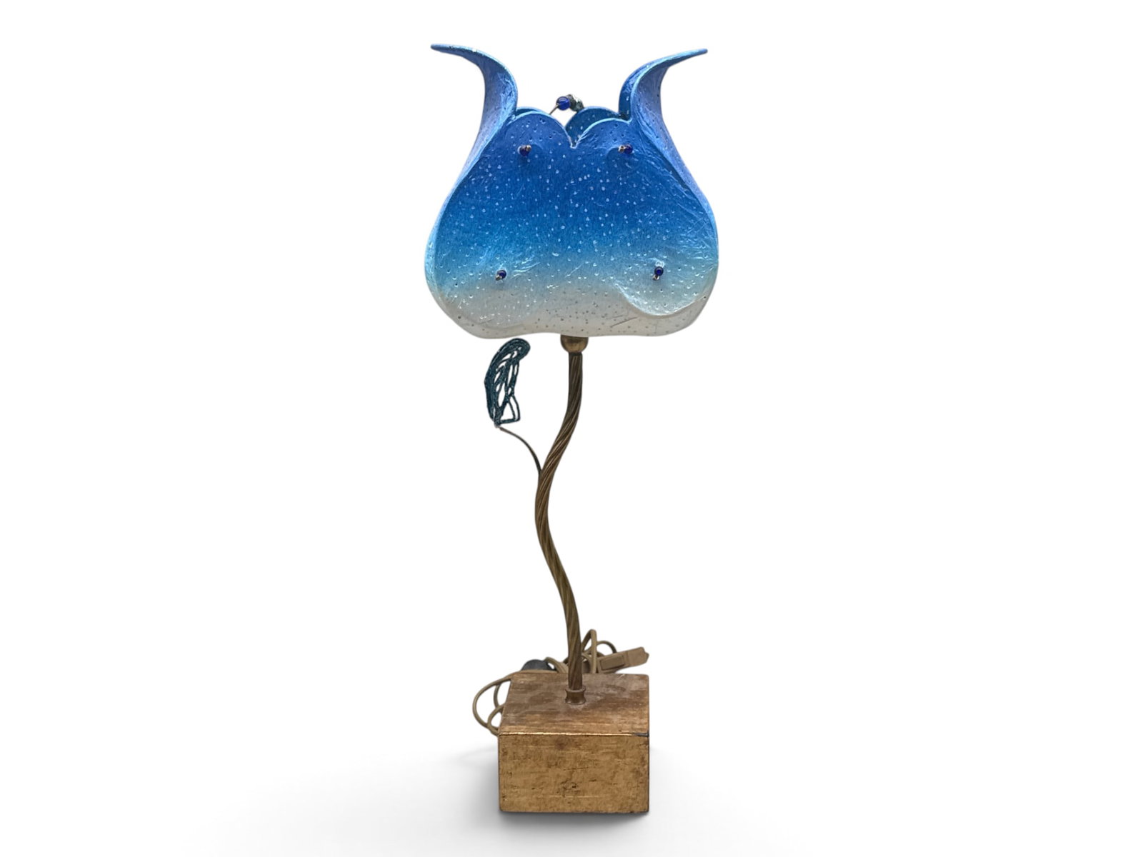 Venetian Artisan Table Lamp: A Venetian artisan table lamp of tulip form comprised of a gold metal base with a blue-painted perforated paper shade. Signed. 20in tall x 7in wide. | You have additional shipping options, and are not