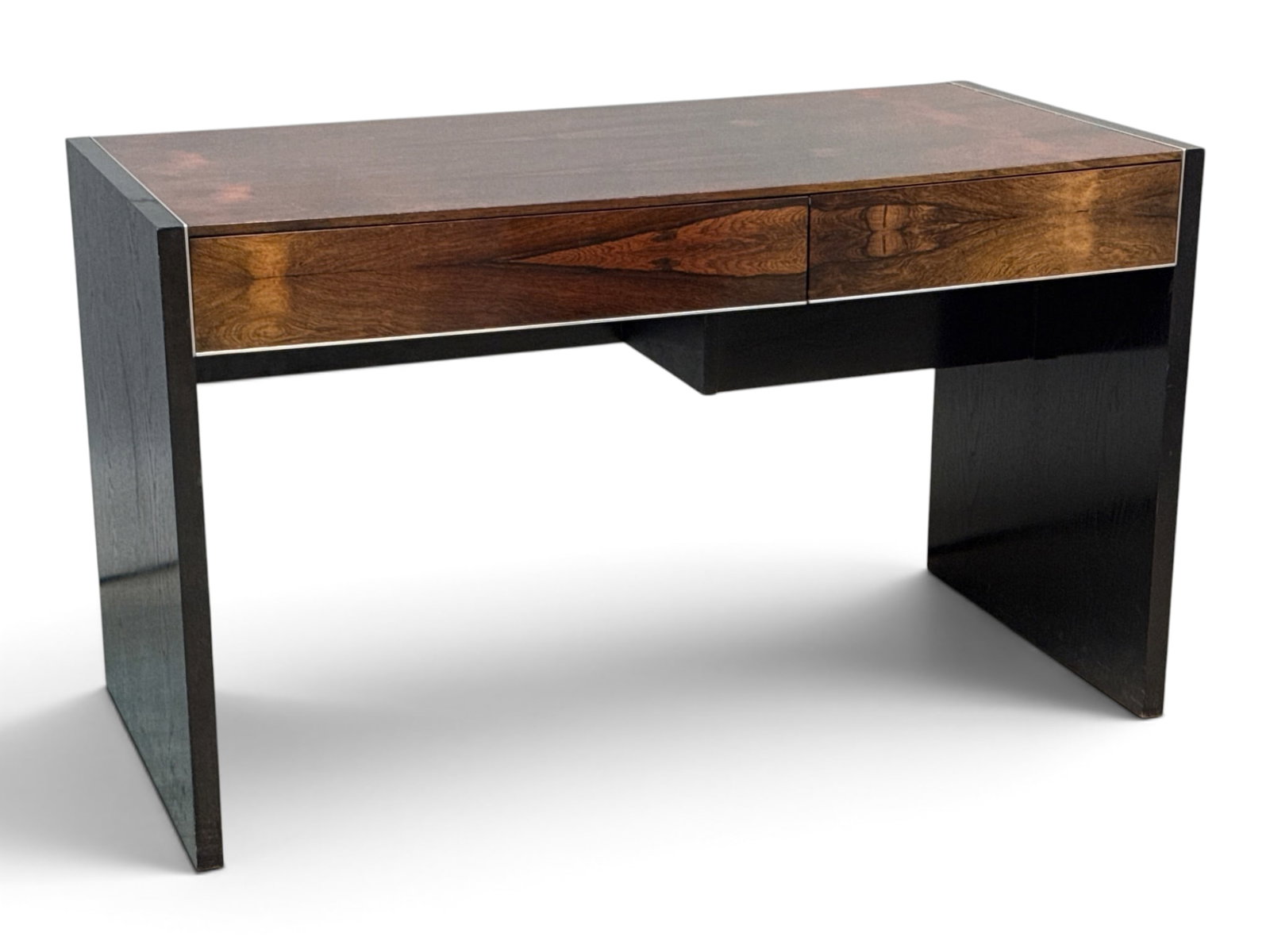Robert Baron Rosewood and Ebonized Desk: A Robert Baron for Glenn of California rosewood and ebonized desk with a hidden file compartment. John Stuart tag. 29in tall x 49-1/2in wide x 24in deep. | You have additional shipping options, and ar