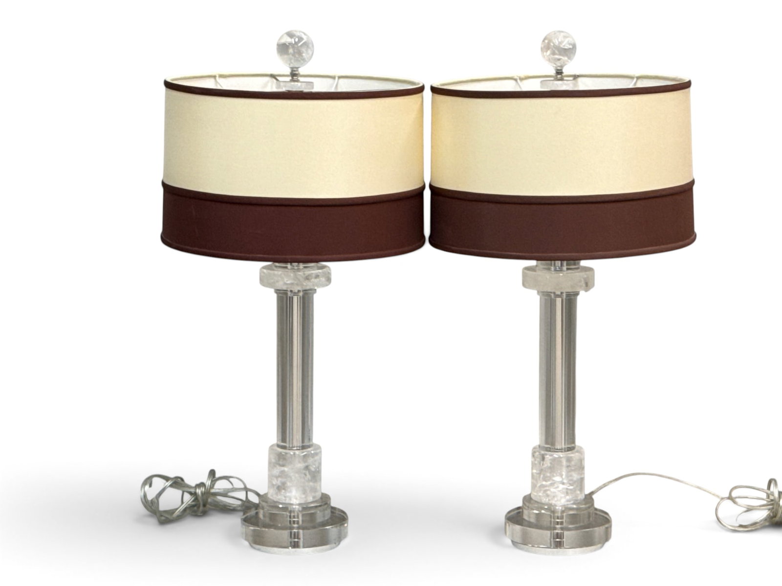 Pair of Schonbek Rock Crystal-Mounted Lamps: A pair of Schonbek rock crystal-mounted table lamps. Marked on shades. 28in tall. Internal chip on base of one lamp as shown. | You have additional shipping options, and are not required to use Live S