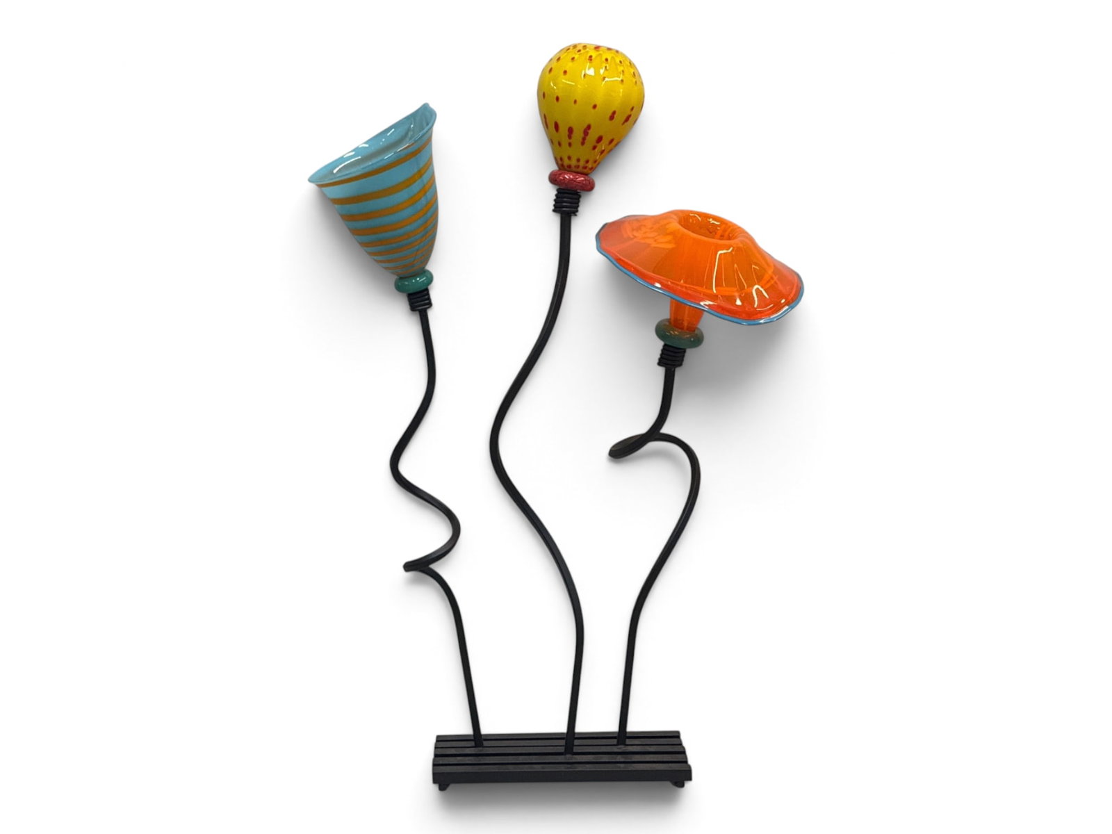 Artisan Blown Glass and Iron Sculpture: An Artisan blown art glass flower sculpture on an iron frame. Signed illegibly. 41-1/4in tall x 26in wide. | You have additional shipping options, and are not required to use Live Shipping.