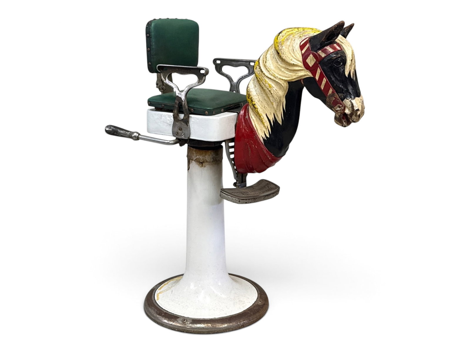 Berninghaus Child's Barber Chair with Horse Head: A 1930s Berninghaus child's barber chair with a carved and painted wood carousel horse head attachment. 42-1/2in tall x 19in wide x 31in deep. | You have additional shipping options, and are not