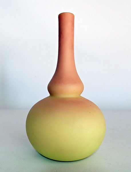 Thomas Webb Bud Vase: Signed “Thomas Webb and Sons” pink and yellow art glass bud vase. 7-3/4” tall.