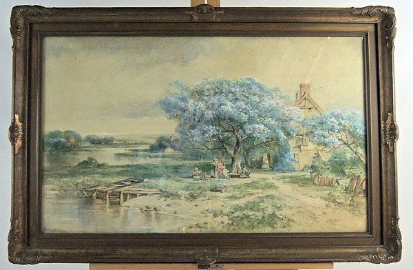 Andrew W. Melrose, Watercolor: Andrew W. Melrose (American 1836-1901). Watercolor, depicting children playing under flowering tree by river. Signed lower left “Andrew Melrose”. 25” x 38-3/4”.