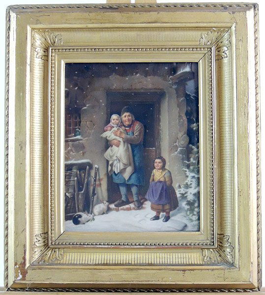 Painted KPM Porcelain Plaque: KPM polychrome-decorated porcelain plaque. Winter scene depicting man standing in doorway holding a baby, with young child and rabbits around him. Plaque: 10-1/2” x 8-1/2”. Stamped on back “Henr