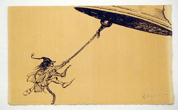 Andrew Wyeth, Pen and Ink: Andrew Wyeth. Pen and ink on paper, Christmas card with elf ringing bell. Signed lower right “A Wyeth”. Inscribed on back “Betsy and Andy Wyeth”. 5” x 8-3/8”.