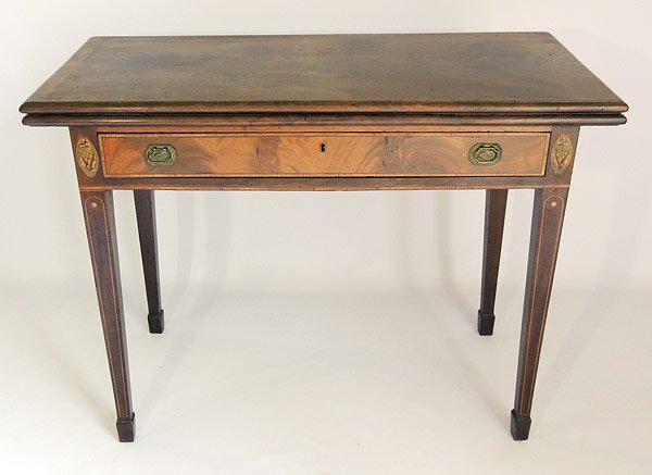 Hepplewhite Mahogany Card Table: 18th C. Hepplewhite mahogany one-drawer card table on spade feet, with line inlay on legs, oval exotic wood acorn and leaf design on knees, and a cross-banded inlay around drawer and apron. Double gat