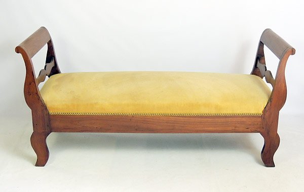 Empire Upholstered Window Seat: Empire upholstered window seat with scrolled arms and feet. 29” tall, 59” wide, 21” deep.