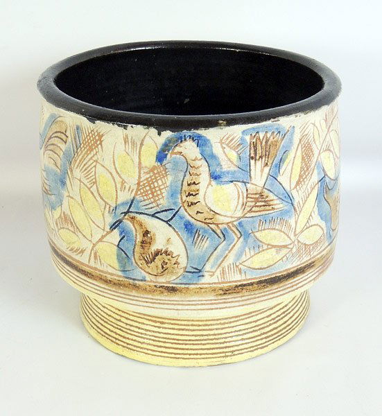 Henry Varnum Poor Jardinière: Henry Varnum Poor glazed pottery jardinière, with fruit and bird decoration. Signed “HVP” and dated 1931 on base. 8-1/2” tall x 10” diameter. Provenance: Purchased 1974 from the Estate of Hen