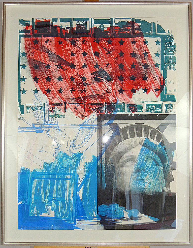 Robert Rauschenberg, Lithograph: Robert Rauschenberg (New York 1925-2008). Lithograph and colored screenprint on Arches cover, titled "People for the American Way". Signed lower left "Rauschenberg". Numbered 23/75 and dated '91. Blin