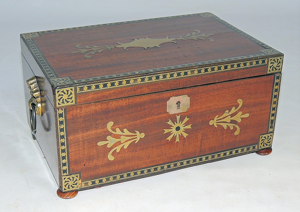 Inlaid Dresser Box: Inlaid walnut dresser box, French or English, with a tray interior and small drawer on side. 5-3/4" tall x 11-3/4" wide x 7-3/4" deep.