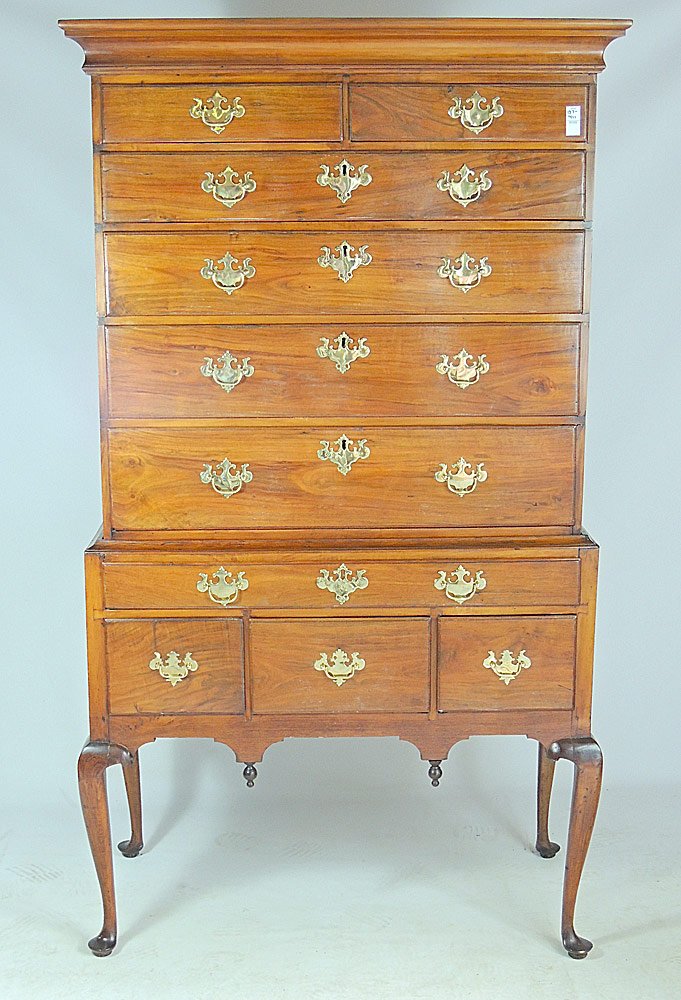Queen Anne Walnut Highboy: Queen Anne walnut 2-pc. highboy with flat top. 71-1/2" tall x 38-1/2" wide x 19-1/4" deep. Rebrassed.