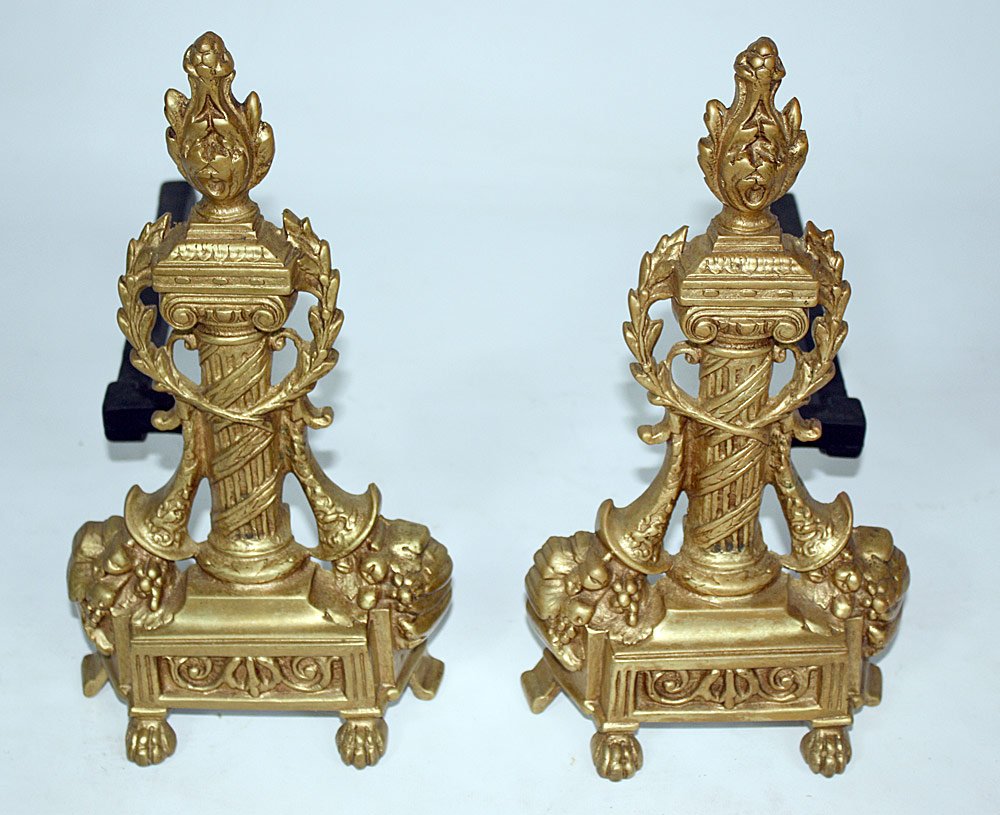 Pair of French Brass Andirons: Pair of French brass andirons. 13-1/4" tall x 7" wide x 14" deep.