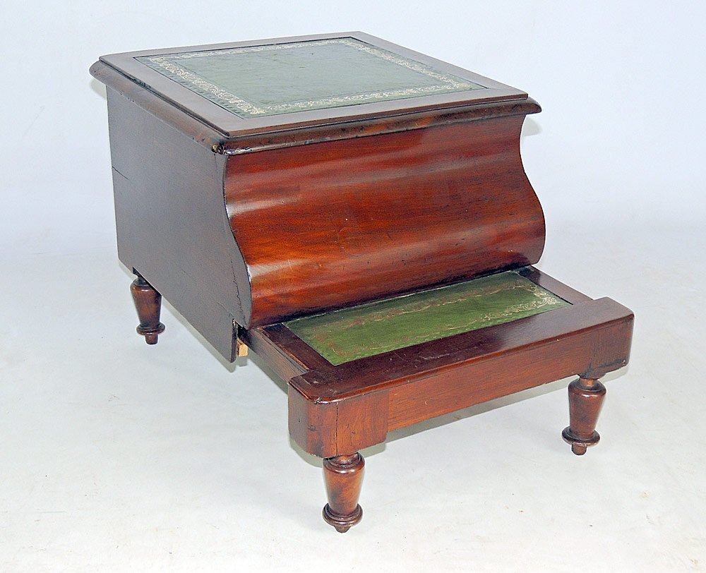 Edwardian Mahogany Bedside Steps: Edwardian mahogany bedside steps with tooled leather inserts and hinged top. 16" tall x 17" wide x 16-1/4" deep.