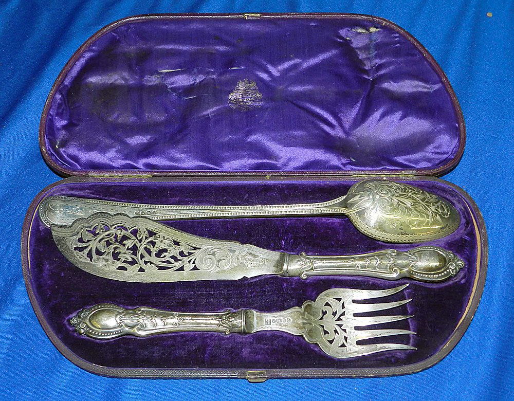 3-pc. English Sterling Fish Set: 3-Piece sterling fish set: George William Adams, London, 1868 serving spoon (13-1/2"); Samuel Roberts and Charles Beck, Sheffield, England, 1868, fish slice (13") and serving fork (9-3/4"), with fitte