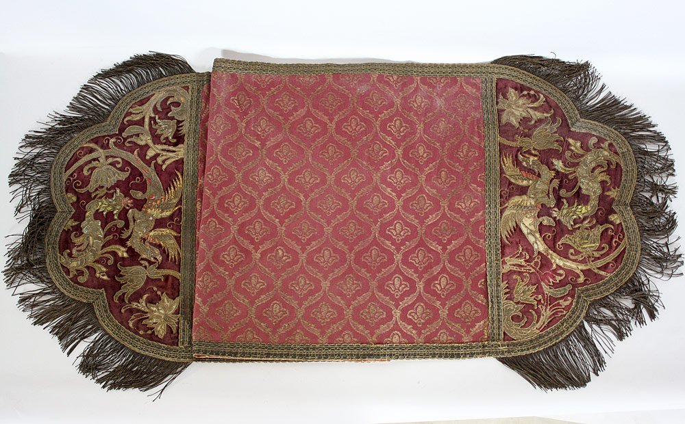 Chinese Silk Embroidered Table Runner: Chinese silk embroidered table runner with floral and dragon design on velvet ground. 63" long x 21" wide.