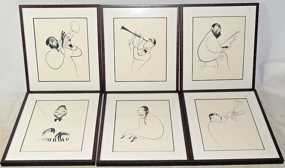 Al Hirschfeld. 6 Lithograph Suite, Jazz Musicians: Al Hirschfeld. Lithograph suite, all depicting jazz musicians: Benny Goodman, Count Basie, Duke Ellington, Fats Waller, Louis Armstrong, and Dizzie Gillespie. All signed and numbered 48/100. 20" x 16"