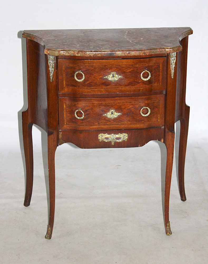 Louis XV-Style Commode: Louis XV-style commode with marble top, over walnut parquetry-inlaid two-drawer case with ormolu mounts and cabriole legs. 30" tall x 27" wide x 15" deep.