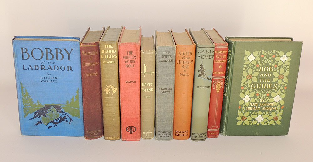 Ten Books Illustrated by Frank Schoonover: Grouping of 10 books illustrated by Frank Schoonover: "Marmaduke of Tennessee" (Edward Cummings, 1914). "Bobby of the Labrador" (Dillon Wallace, 1916). "The Blood Lilies" (W.A. Fraser, 1903). "The Whe