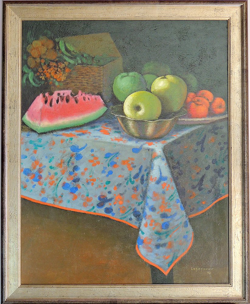 Jean Claude Legagneur. Oil on Canvas, Still Life with: Jean Claude Legagneur (Haiti, 1947- ). Oil on canvas, still life with fruit. Signed lower right "Legagneur", and dated "1990". 28" x 22".
