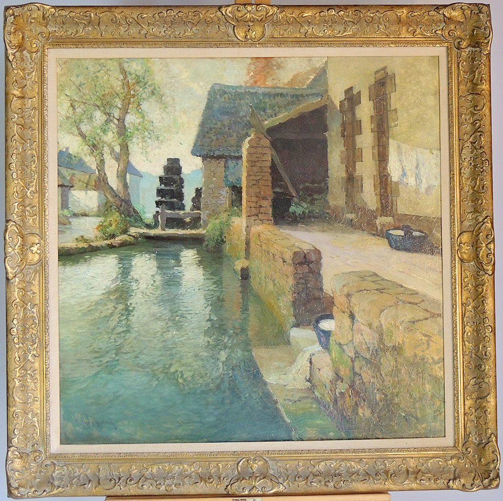 George Ames Aldrich. Oil on Board, Canal Scene: George Ames Aldrich (American, 1872-1941). Oil on board, Canal scene. Signed lower left, possibly "G. Ames Aldrich" 36" x 36".