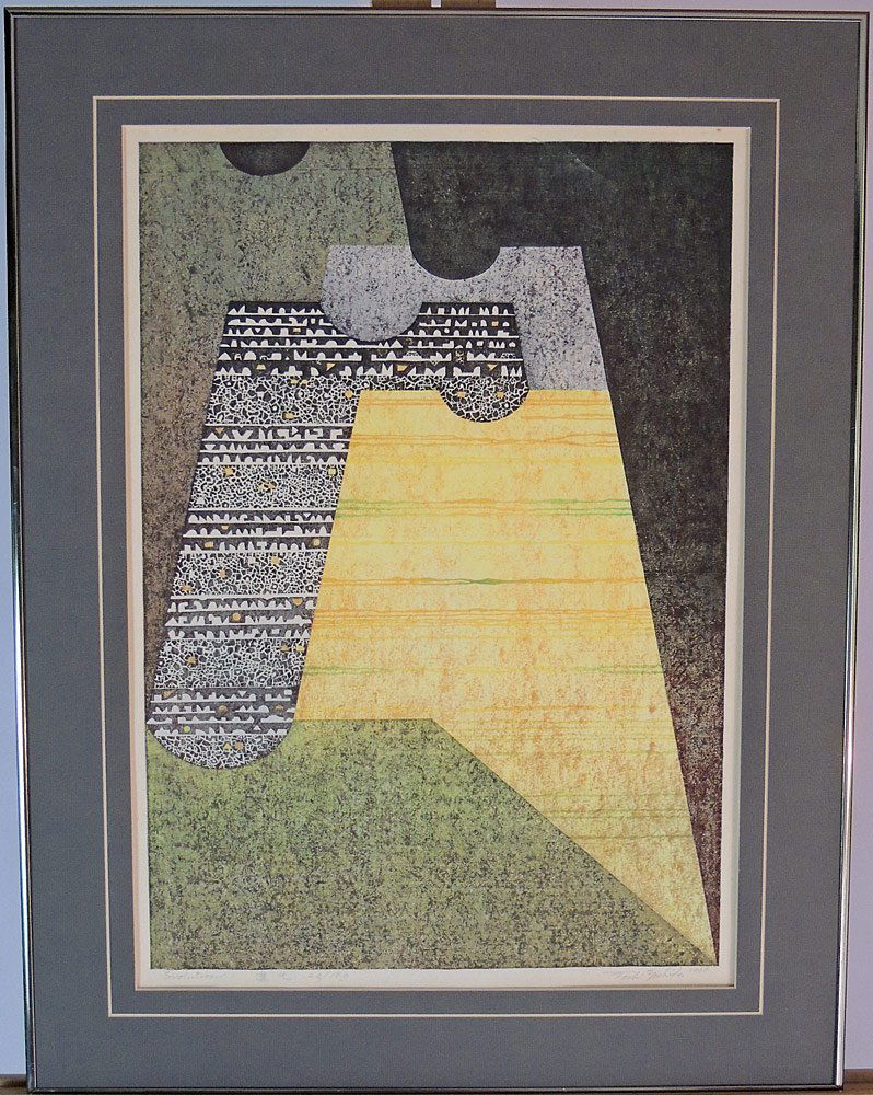 Toshi Yoshida Woodblock: Toshi Yoshida. Abstract woodblock titled "Evolution". Pencil signed lower right. "Toshi Yoshida", dated 1968. Numbered 20/150. Image: 22-1/4" x 15-3/4".