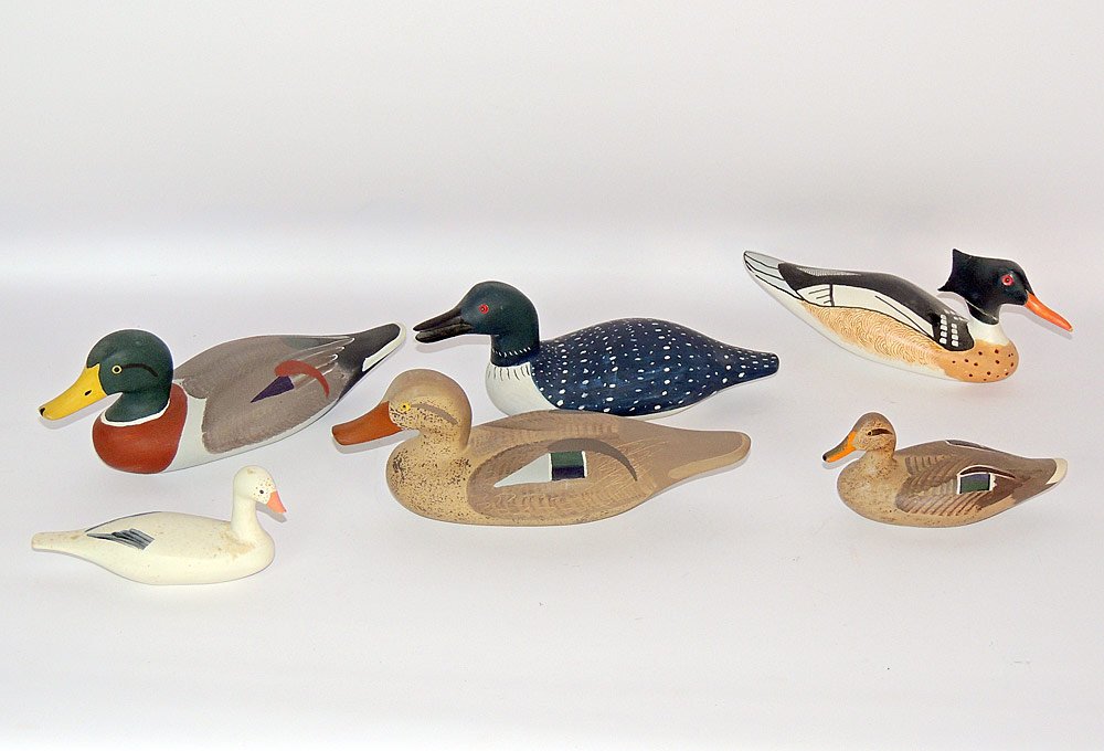 Six Miniature Carved and Painted Decoys: Six miniature carved and painted decoys. Four signed "S. Pierce HDG, MD". Merganser signed "George Fries". One unsigned. Longest: 10".