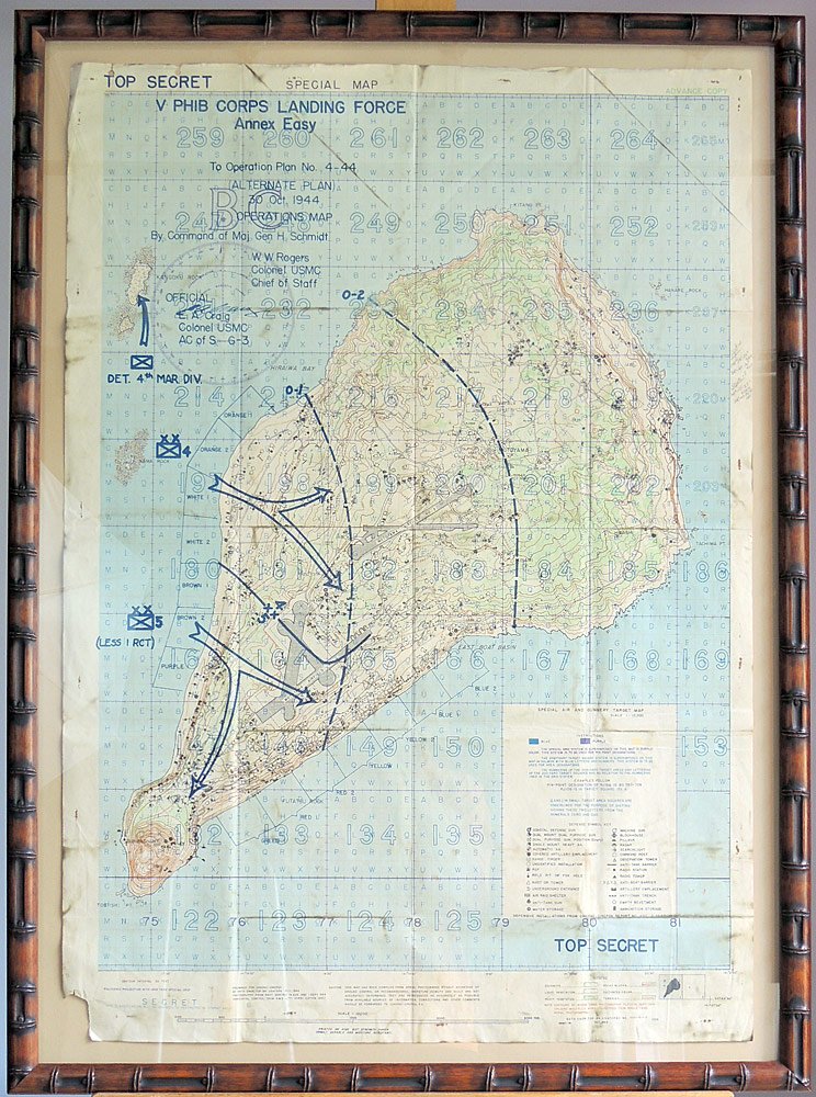 U.S. WWII Iwo Jima Operations Map: U.S. WWII Iwo Jima Landing Plan, dated October 30, 1944. This unique map shows the V Amphibious Corps landing force operation plan 4-44 on Iwo Jima as commanded by General Harry Schmidt. Also bears th
