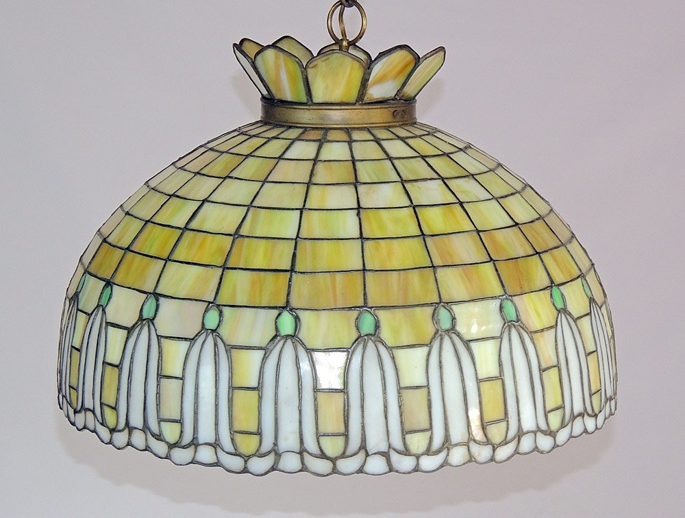 Arts & Crafts Leaded-glass Hanging Dome Light: Arts and Crafts leaded slag-glass hanging dome light fixture with floral decoration. 15" tall, 24" diameter.