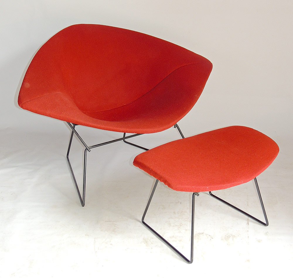 Harry Bertoia for Knoll International Chair & Ottoman: Harry Bertoia for Knoll International "Diamond" chair and matching ottoman with enameled steel frames. Both with upholstery tags. Chair: 27-1/2" tall, 44" wide.