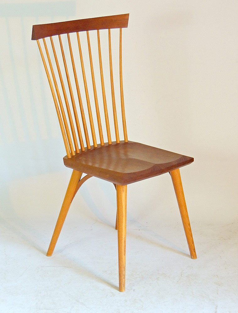Thomas Moser Side Chair: Thomas Moser side chair, constructed of cherry and hickory. Signed on base "Thos Moser Cabinetmaker, Auburn Maine. 1991". 38" tall, 16-1/2" wide, 17" deep. Seat height: 18"