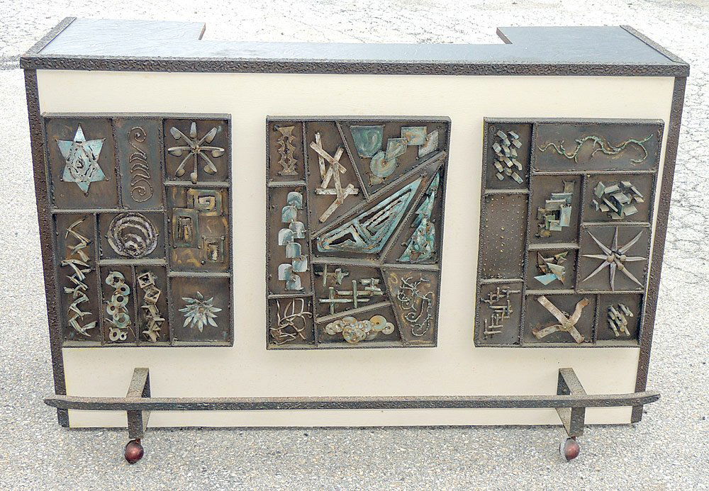 Brutalist-design Bar: Brutalist-design bar in the style of Paul Evans. Bound in welded steel with three brutalist steel front panels. 42" tall, 65" wide, 21" deep.