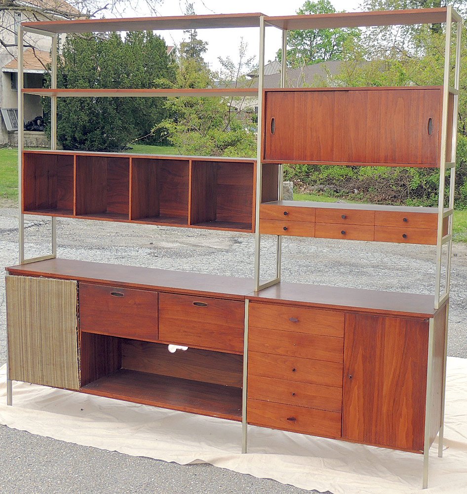 Paul McCobb for H. Sacks and Sons Modular Wall Unit: Paul McCobb for H Sacks and Sons three-piece modular wall unit, from the "Connoisseur" collection. Walnut and brushed metal construction, with built-in stereo cabinet and drop-front bar. With numerous
