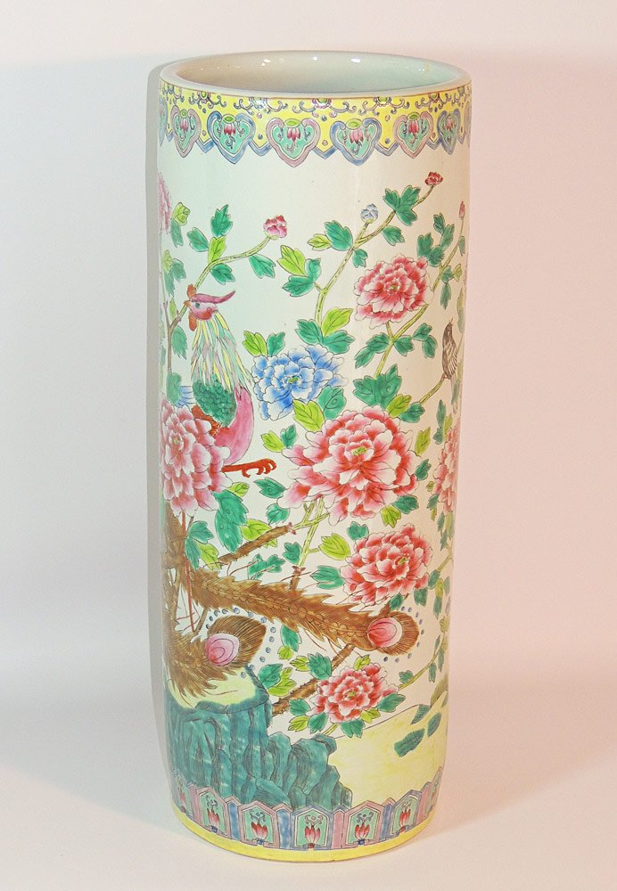 Chinese Porcelain Umbrella Stand: Famille rose decoration, with mark on base. 23" tall x 9" wide.