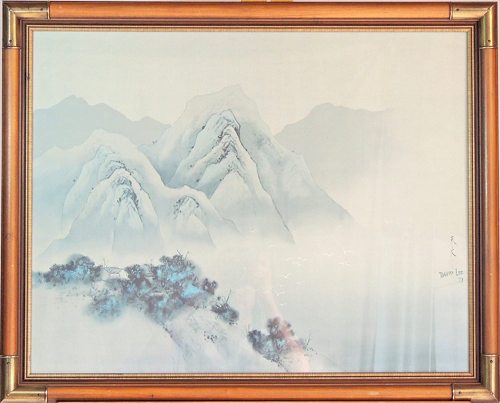 David Lee Painted Silk Landscape: David Lee. Chinese powder colors painting on silk of mountainous landscape. Signed lower right and dated '78. Framed under glass. Image: 21-1/4" x 27-1/4".