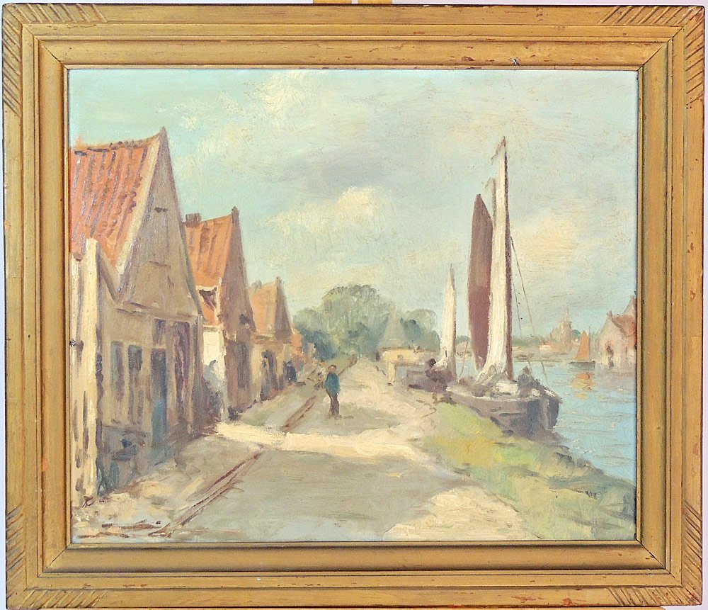 Continental School. Harbor Village: Unsigned Continental school. Oil on canvas, harbor village. 20-1/4" tall x 24" wide.