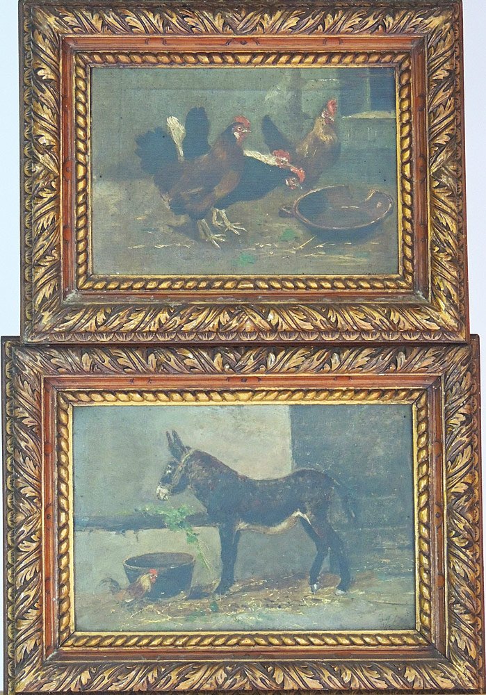 Two Pepe Pastoral Scenes: Pepe. Two oils on canvas, pastoral scenes: One with donkey; the other with chickens. Signed lower right "? Pepe". Larger: 8" tall x 11-1/2" wide.