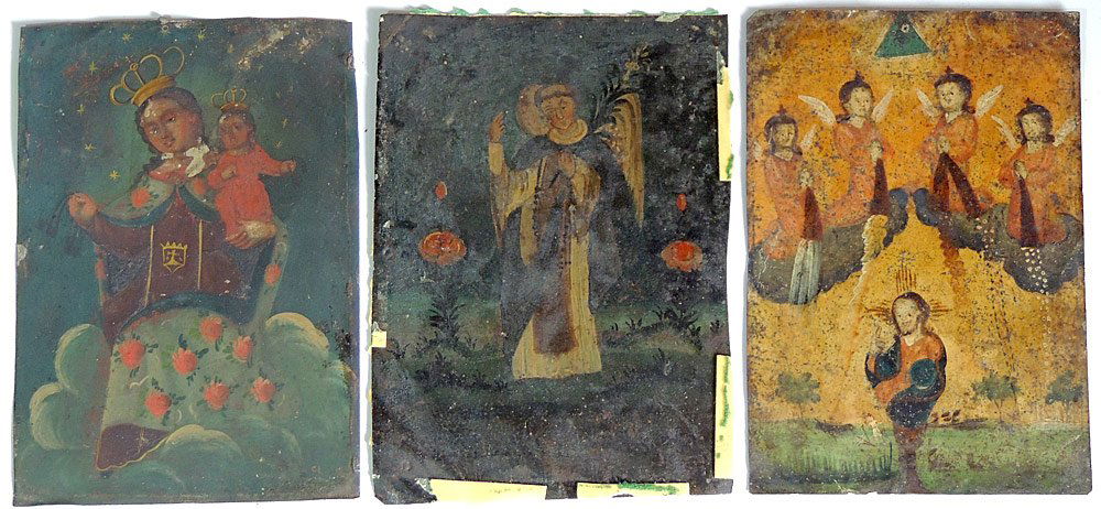 Three Mexican Retablos: Oil on tin. 19th Century. 10" tall x 7" wide.