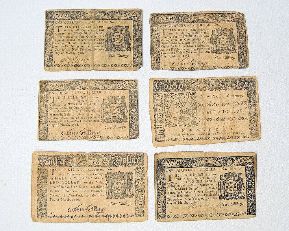 New York Colonial Currency Grouping: Printed by Samuel London on March 5th, 1776. Four Two-Shilling notes; one Four-Shilling note; one Half-Dollar note.