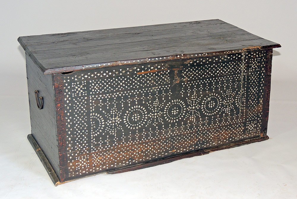 Antique African Inlaid Box: With iron handles and glove box interior. 12-1/2" tall x 28" wide x 14" deep.