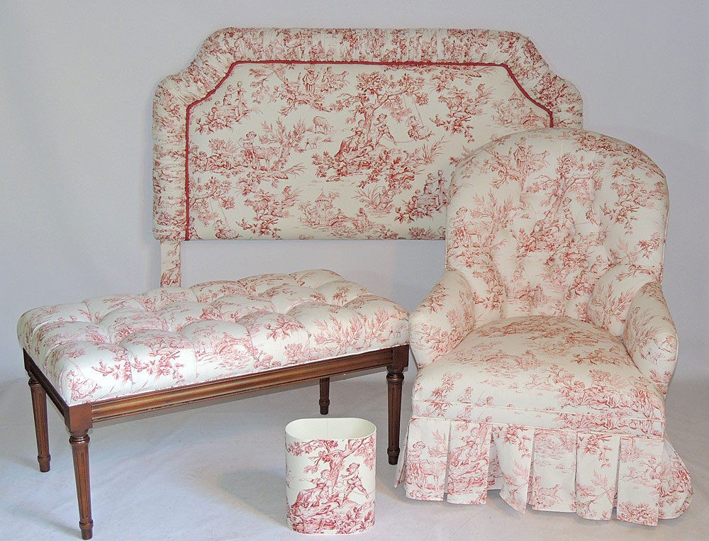 Custom Upholstery Grouping: Set to include a tufted back armchair, tufted bench, full-size headboard, and waste-paper basket, all in red toile upholstery. Lot also includes assorted curtains and bed linens (not pictured).