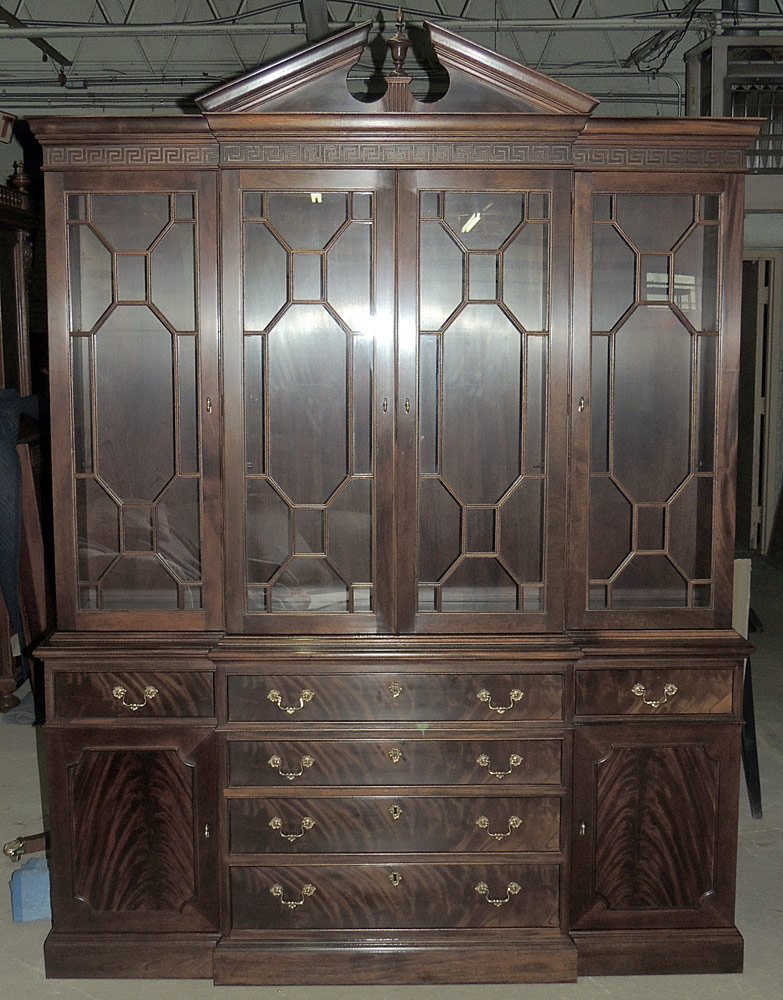 Stickley Breakfront/China Cabinet: Mahogany. With glass-shelved display cabinet top, over a cabinet base with drawers. 88" tall x 67" wide x 18" deep.