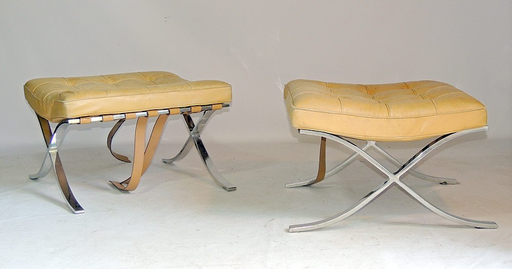 Two Knoll Barcelona Ottomans: Mies Van Der Rohe/Knoll International. Tan leather cushions and support straps, steel frames. Knoll International upholstery tags. 15" tall x 24" wide x 23" deep.